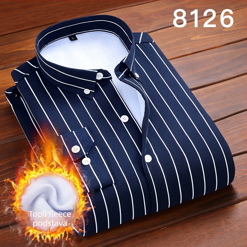Muška prugasta termo košulja s flisom, bez glačanja, zimski stil