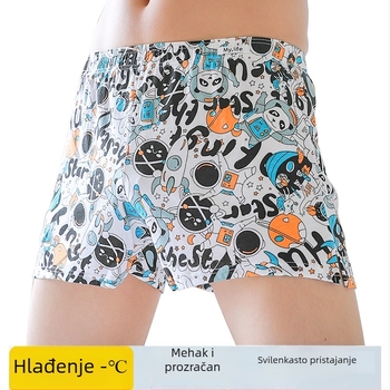 Muške pamučne bokserice, dišuće, srednje visoke talije, grafički print i blok boja, glavna tkanina 100% pamuk, podstava u preponama viskoza 80–90%.