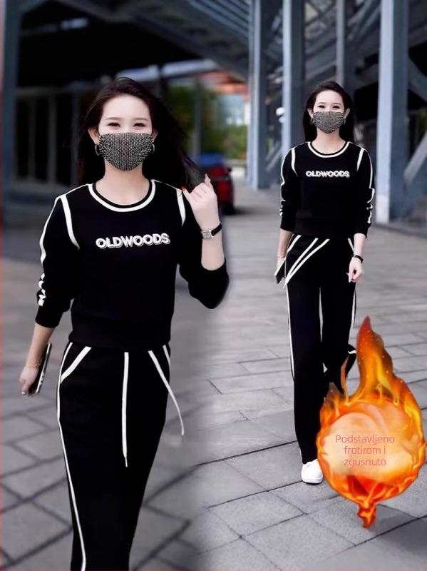 Ženski dvodijelni set: hoodie i hlače, velur debeli materijal, poliester, jesen 2025, ležerni sportski stil