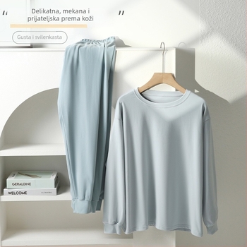 Ženski kućni set za jesen/zimu: top s okruglim izrezom i dugi rukavi + hlače, poliester, srednja gustoća 181–200 g/m², casual stil, pogodno za dom i van