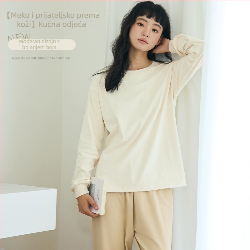 Ženski kućni set za jesen/zimu: top s okruglim izrezom i dugi rukavi + hlače, poliester, srednja gustoća 181–200 g/m², casual stil, pogodno za dom i van