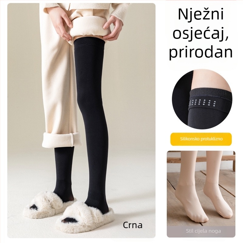 Ženske zimske tople čarape iznad koljena s flisom, crne i bež boje, protuklizne, dugačke