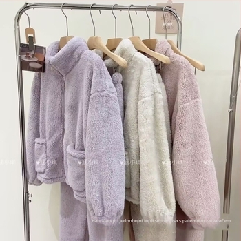 Ženski set pidžama od koralnog baršuna s fleece podstavom, debel i topao, s visokim ovratnikom i zatvaračem, flanelna udobnost za jesen i zimu