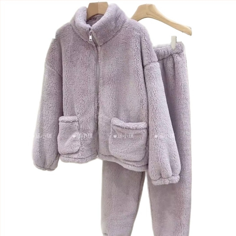 Ženski set pidžama od koralnog baršuna s fleece podstavom, debel i topao, s visokim ovratnikom i zatvaračem, flanelna udobnost za jesen i zimu