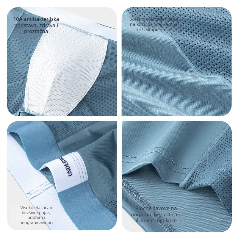Muške Ice Silk bokserice, bezšivne, antibakterijske, prozračne, brzo se suše, oblik tijela (Glavna tkanina: Nylon; Prelaz prepona: Viskozna; Bezšivne)