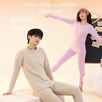 Šareni vuneno-svileni termički set za tinejdžere, unisex, gornji dio s dugim rukavom i hlače s flis podstavom