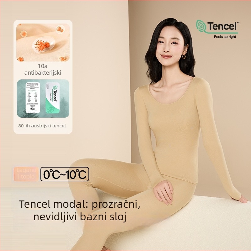 Ženski termalni set od modalne tkanine: antibakterijski, bez šavova, okrugli izrez, dugi rukavi, hlače, gustoća tkanine 201–250 g/m², nježan prema koži.