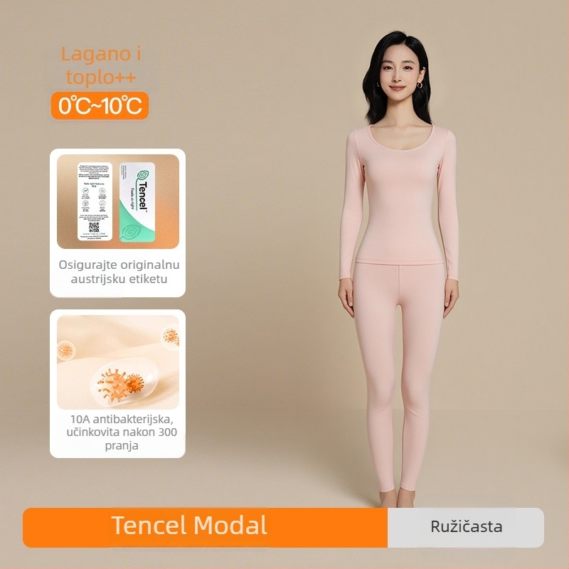 Ženski termalni set od modalne tkanine: antibakterijski, bez šavova, okrugli izrez, dugi rukavi, hlače, gustoća tkanine 201–250 g/m², nježan prema koži.