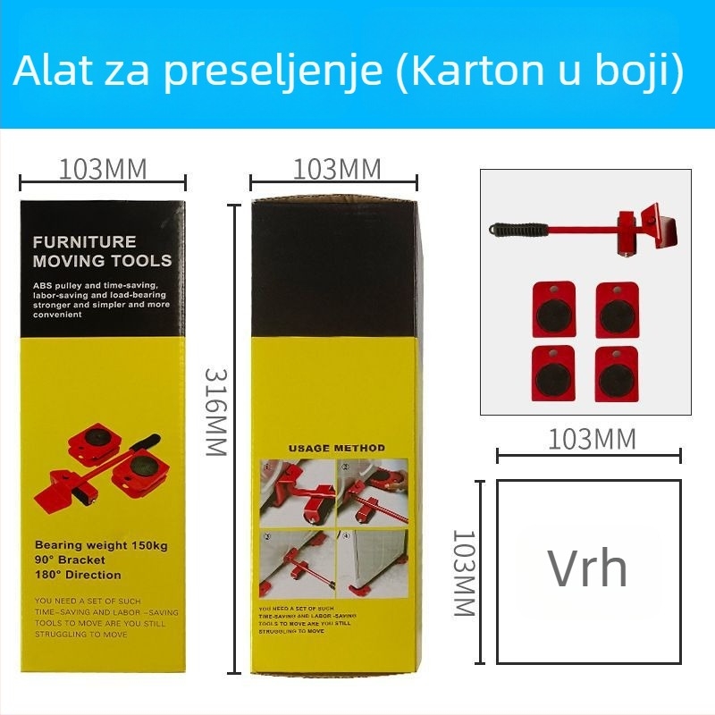 Pomoć za preseljenje s univerzalnim kotačićima za namještaj i kućanske uređaje, metalna konstrukcija, komplet od 40 komada, sustav demontaže, kućna upotreba