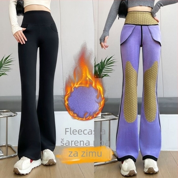 Nylon hlače bootcut, visokog struka, prednji džepovi, debeli toplinski materijal za zimu