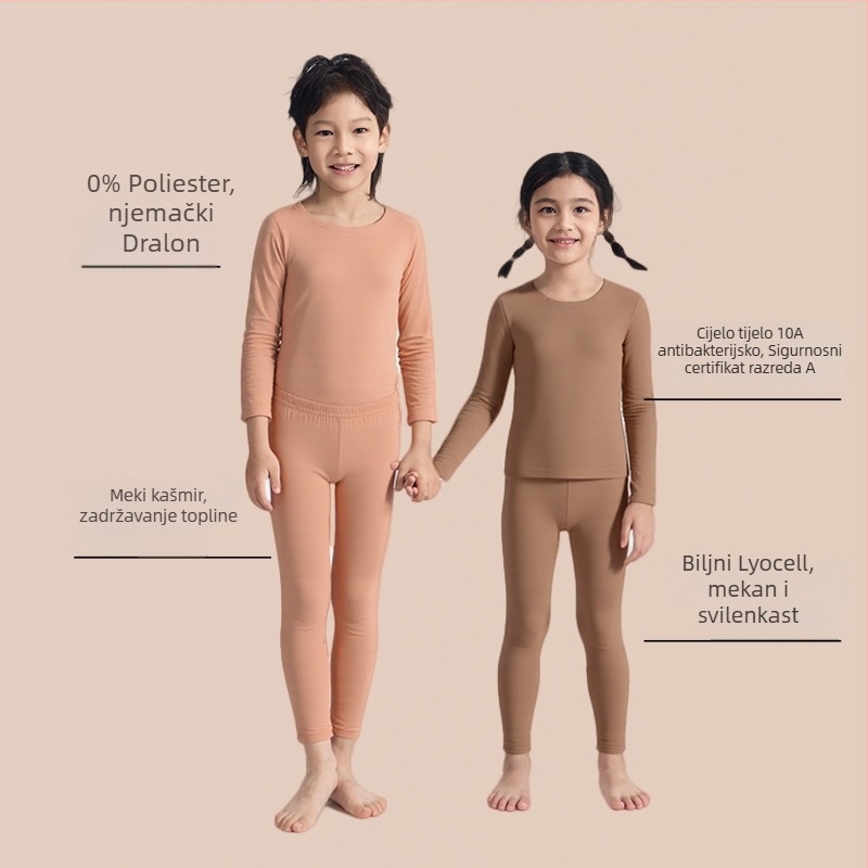 Dječji termalni set Derong Cashmere - dvostruki sloj baznog sloja, okrugli ovratnik, dugi rukavi, ekstra debeli fleece za toplinu