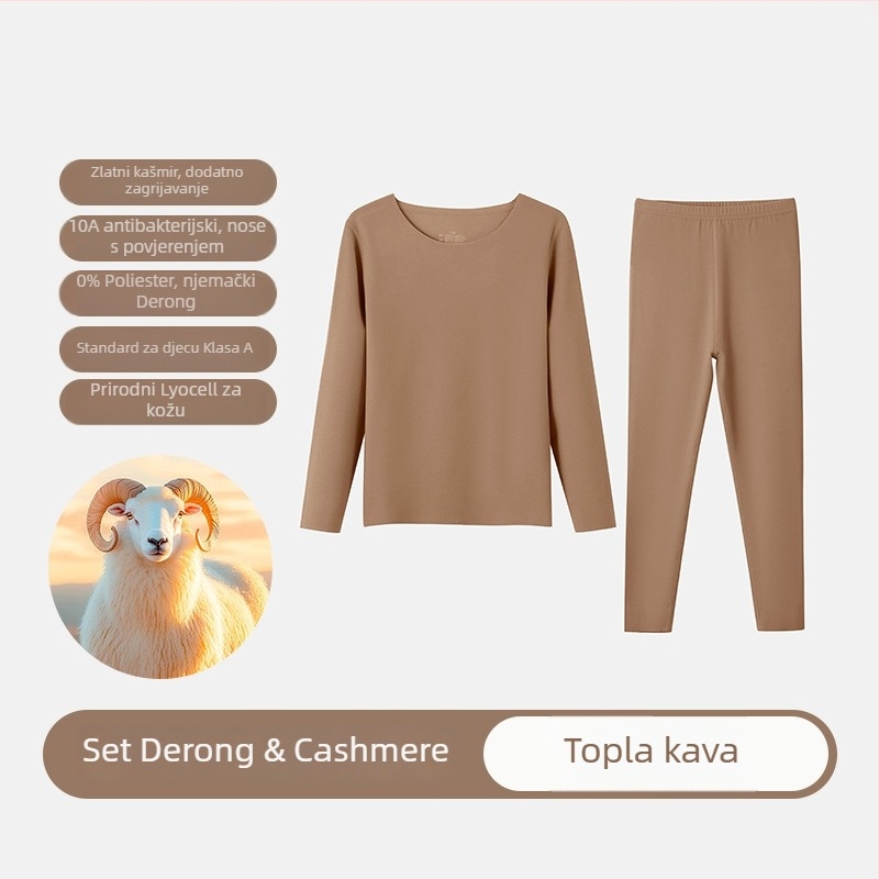 Dječji termalni set Derong Cashmere - dvostruki sloj baznog sloja, okrugli ovratnik, dugi rukavi, ekstra debeli fleece za toplinu