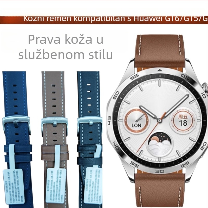 Kožni remen za sat, 22 mm, za Huawei Watch GT4/GT5/GT6; gornji sloj teleće kože; minimalistički dizajn; kopča s iglom