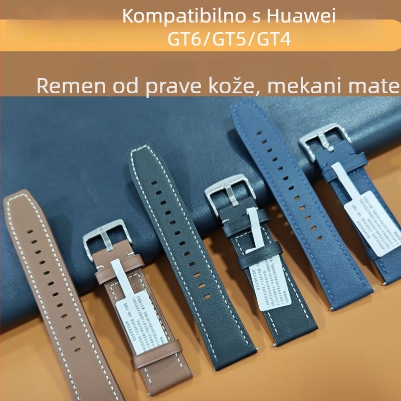 Kožni remen za sat, 22 mm, za Huawei Watch GT4/GT5/GT6; gornji sloj teleće kože; minimalistički dizajn; kopča s iglom