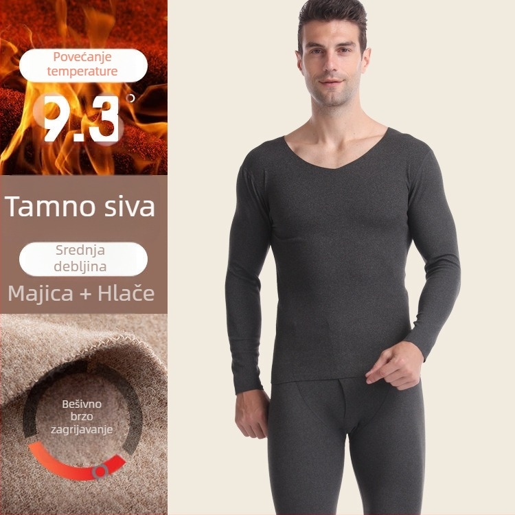 Termalni komplet za jesen/zimu, bez šavova, fleece podstava, za muškarce i žene, V-izrez, dugi rukav, hlače, mješavina poliestera, 201–250 g/m2.