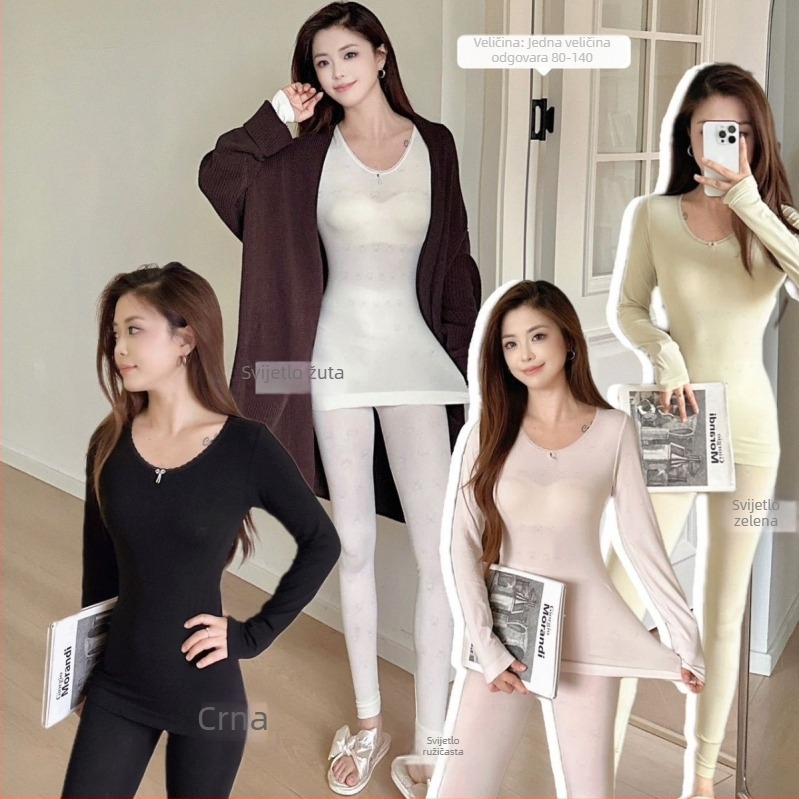 Ženski termalni set za bazni sloj: gornji dio s dugim rukavima i hlače 3/4, najlon tkanina, jednobojna, okrugli vrat, osnovni sloj, zadržava toplinu, 70–80% najlon, srednja težina 181–200 g/m²