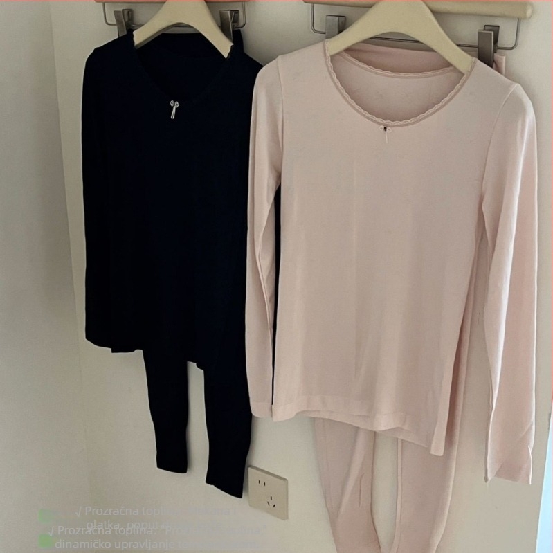 Ženski termalni set za bazni sloj: gornji dio s dugim rukavima i hlače 3/4, najlon tkanina, jednobojna, okrugli vrat, osnovni sloj, zadržava toplinu, 70–80% najlon, srednja težina 181–200 g/m²