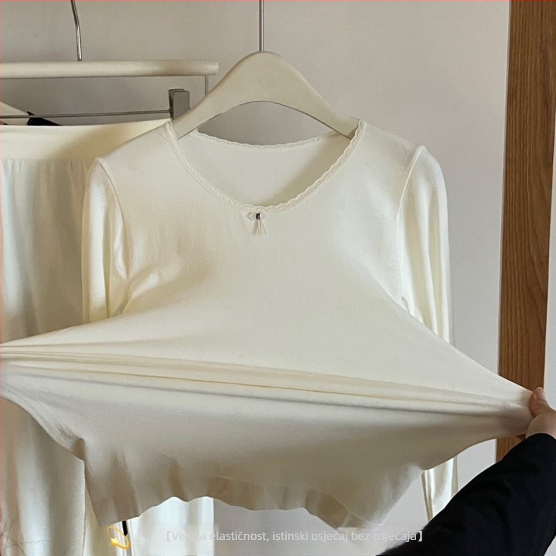 Ženski termalni set za bazni sloj: gornji dio s dugim rukavima i hlače 3/4, najlon tkanina, jednobojna, okrugli vrat, osnovni sloj, zadržava toplinu, 70–80% najlon, srednja težina 181–200 g/m²