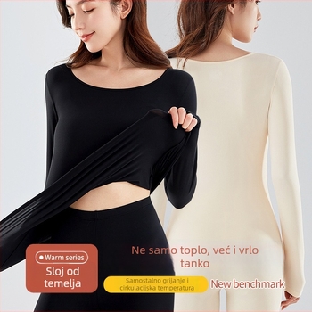 Ženski termalni pleteni set: tanak materijal; 90% katijonički poliester + 10% elastan podstava; 160 g/m2; okrugli izrez; pulover + široke hlače; toplo i udobno.