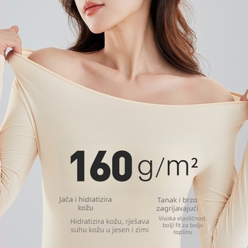 Ženski termalni pleteni set: tanak materijal; 90% katijonički poliester + 10% elastan podstava; 160 g/m2; okrugli izrez; pulover + široke hlače; toplo i udobno.