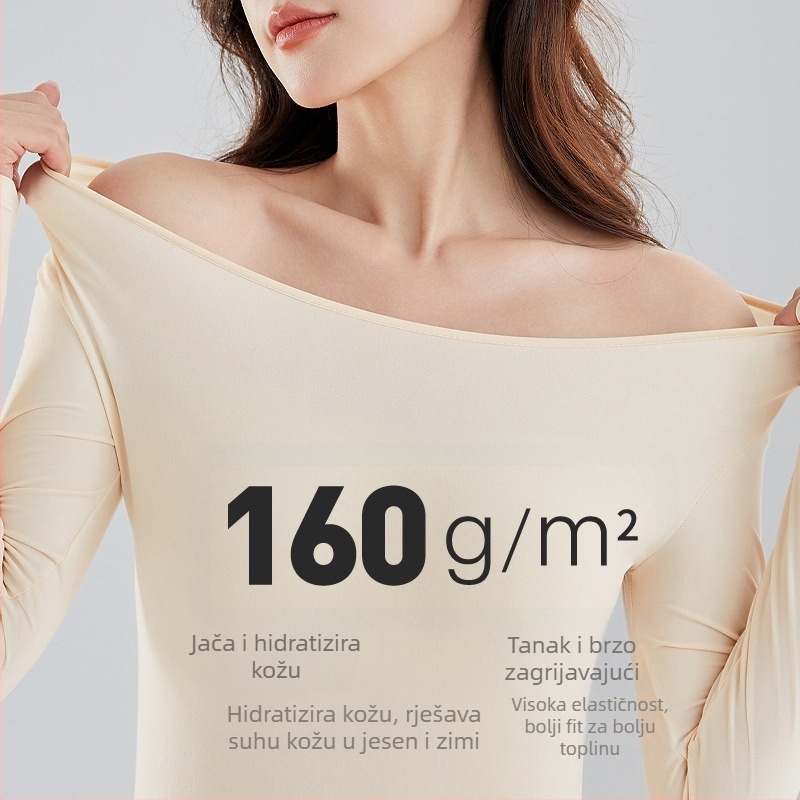 Ženski termalni pleteni set: tanak materijal; 90% katijonički poliester + 10% elastan podstava; 160 g/m2; okrugli izrez; pulover + široke hlače; toplo i udobno.