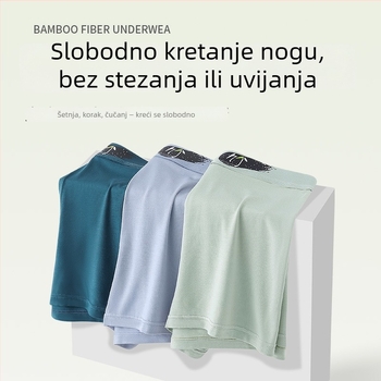 Muške gaćice od vlakana bambusa, antibakterijske, prozračne, srednje visokim pojasom; podstava u preponskoj regiji od tussah svile; sadržaj bambus vlakana 90–95%