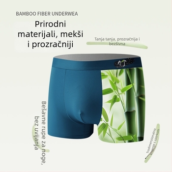 Muške gaćice od vlakana bambusa, antibakterijske, prozračne, srednje visokim pojasom; podstava u preponskoj regiji od tussah svile; sadržaj bambus vlakana 90–95%