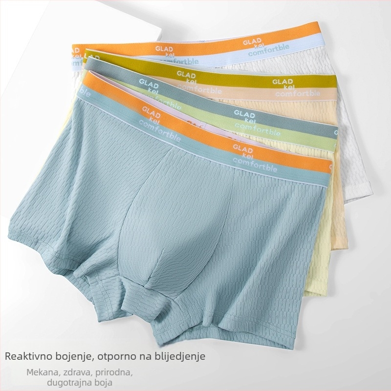 Muške bokserice sa srednjim strukom, pletene, prozračne, s podizanjem stražnjice; poliester vlakno; podstava 100% regenerirane celulozne vlaknine; uzorak jednobojan ili blok boja