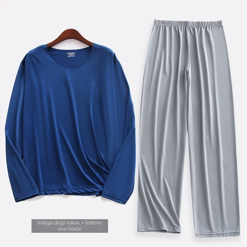 Muški pidžama set od ice silk, s dugim rukavima i hlačama do dužine 9/10, ultra tanak, prozračan i udoban za proljeće i ljeto