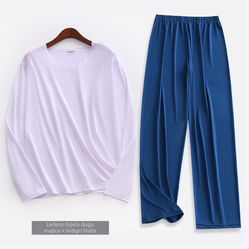 Muški pidžama set od ice silk, s dugim rukavima i hlačama do dužine 9/10, ultra tanak, prozračan i udoban za proljeće i ljeto