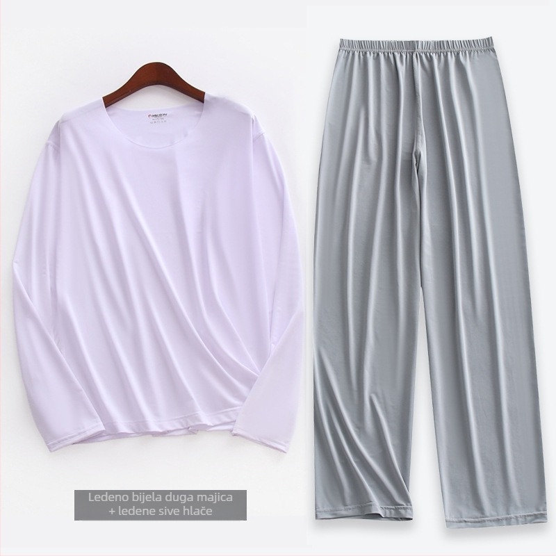 Muški pidžama set od ice silk, s dugim rukavima i hlačama do dužine 9/10, ultra tanak, prozračan i udoban za proljeće i ljeto