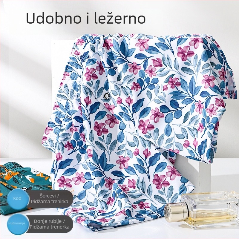 Muške pidžama šorce s floralnim printom, slobodan kroj, poliester, ljeto, plus veličina