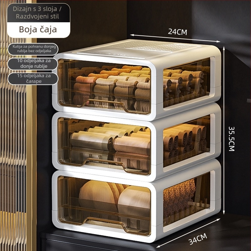 Prozirna plastična kutija za spremanje s ladicom, za odjeću i donje rublje, marka met, mogućnost tiskanja logotipa, stil lagani luksuz