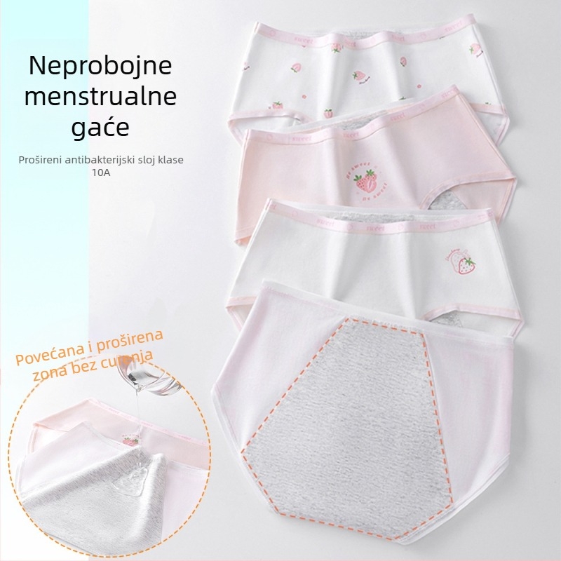 Djevojačke menstrualne gaćice, 95% pamuk, 100% pamuk u području prepona, antibakterijske, srednji pojas, s tiskom