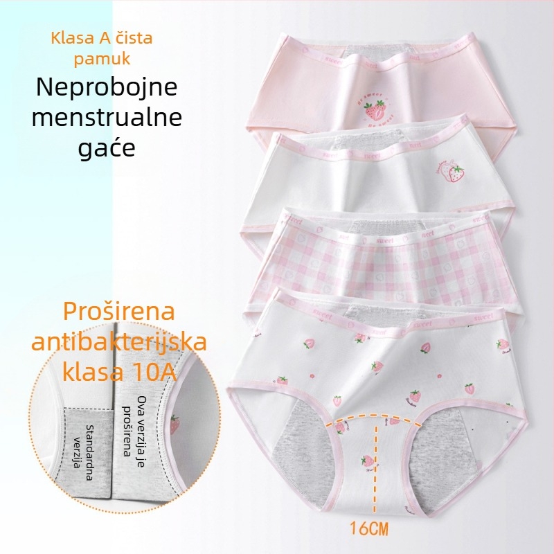 Djevojačke menstrualne gaćice, 95% pamuk, 100% pamuk u području prepona, antibakterijske, srednji pojas, s tiskom