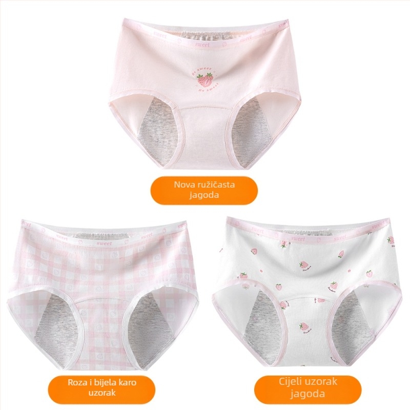 Djevojačke menstrualne gaćice, 95% pamuk, 100% pamuk u području prepona, antibakterijske, srednji pojas, s tiskom