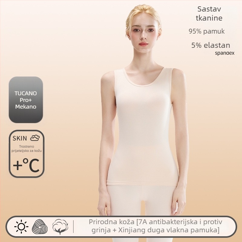 Ženska pamučna termo vest — okrugli izrez, bazni sloj ili za vanjsku uporabu, 95–100% pamuk, 201–250 g/m², jednobojna