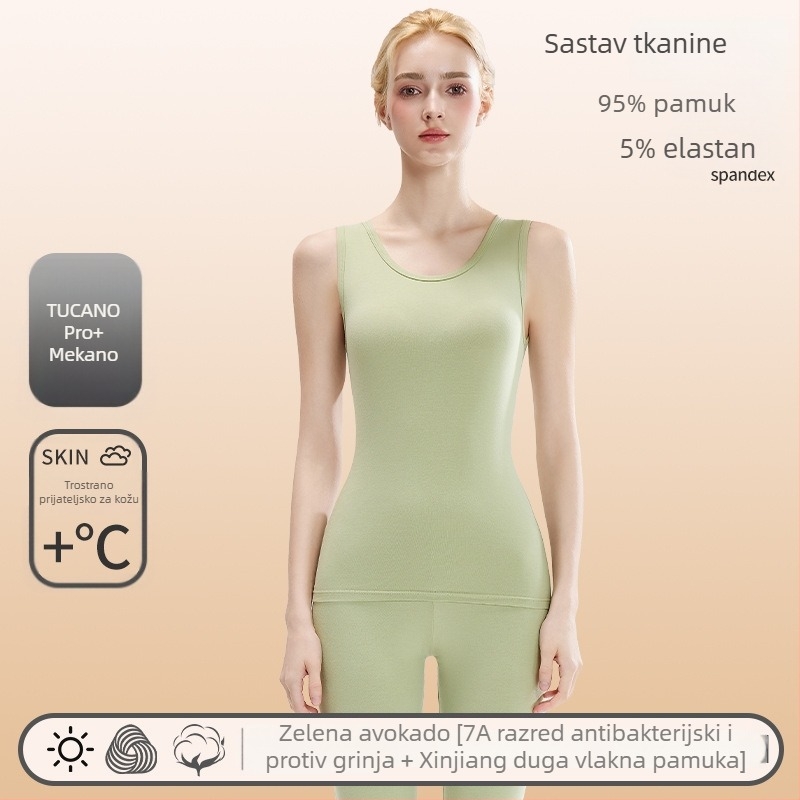 Ženska pamučna termo vest — okrugli izrez, bazni sloj ili za vanjsku uporabu, 95–100% pamuk, 201–250 g/m², jednobojna