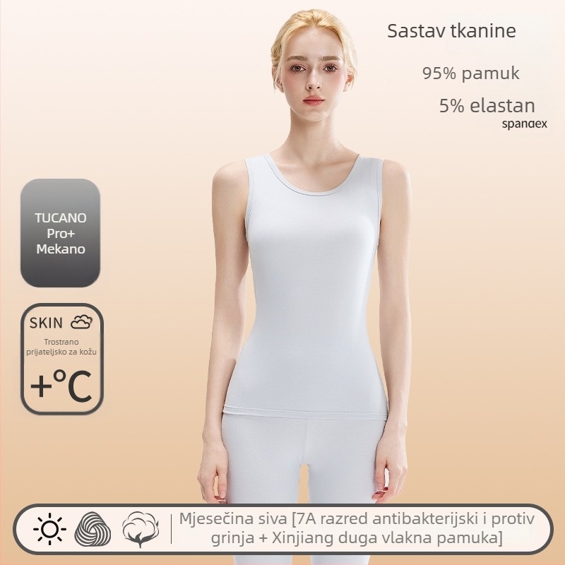Ženska pamučna termo vest — okrugli izrez, bazni sloj ili za vanjsku uporabu, 95–100% pamuk, 201–250 g/m², jednobojna