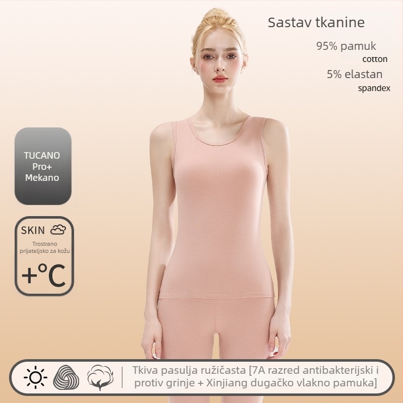 Ženska pamučna termo vest — okrugli izrez, bazni sloj ili za vanjsku uporabu, 95–100% pamuk, 201–250 g/m², jednobojna