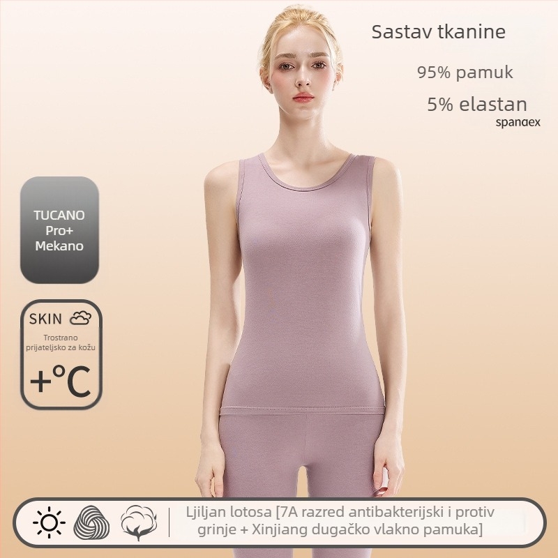 Ženska pamučna termo vest — okrugli izrez, bazni sloj ili za vanjsku uporabu, 95–100% pamuk, 201–250 g/m², jednobojna