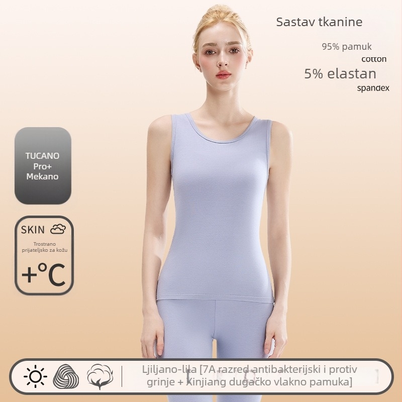 Ženska pamučna termo vest — okrugli izrez, bazni sloj ili za vanjsku uporabu, 95–100% pamuk, 201–250 g/m², jednobojna