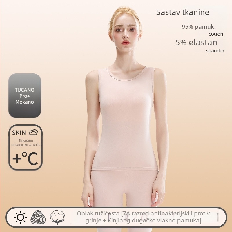 Ženska pamučna termo vest — okrugli izrez, bazni sloj ili za vanjsku uporabu, 95–100% pamuk, 201–250 g/m², jednobojna