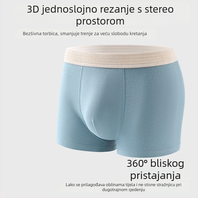 Muške bokserice od pamuka s U-oblikom džepa, prozračne i antibakterijske; 95–100% pamuka; podstava u području prepona 50–70% viskoze; srednja visina struka