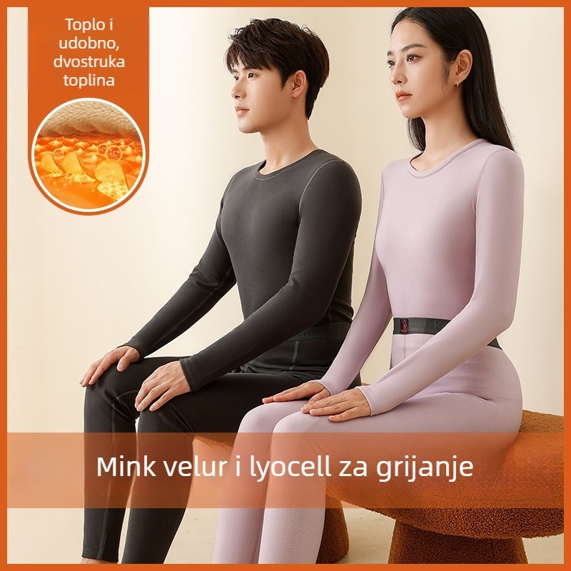 Unisex termalni set donjeg rublja, fleece podstavljena, dvostruki sloj, gornji dio s kružnim izrezom i dugi rukavi, hlače, poliester s katijonskim završnim slojem, 351–400 g/m2