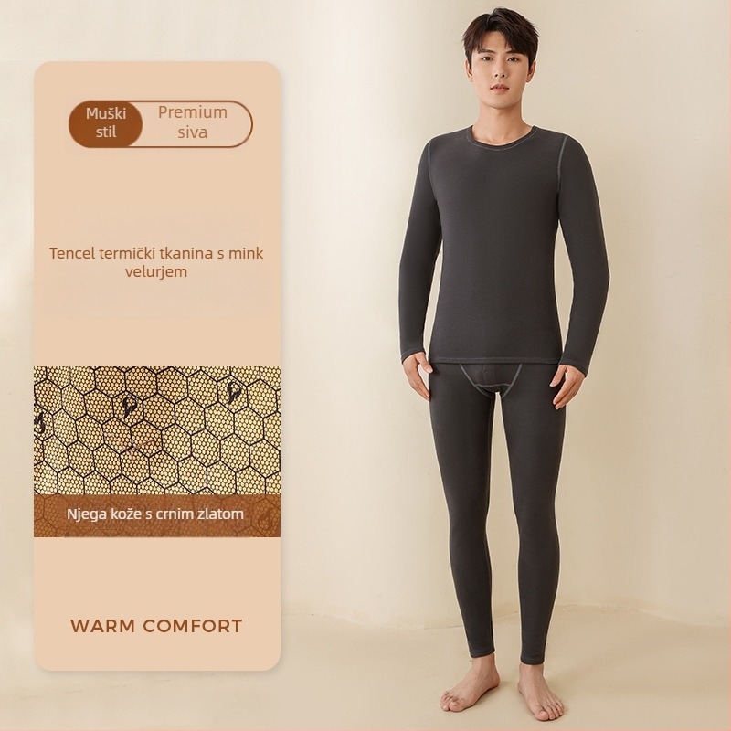 Unisex termalni set donjeg rublja, fleece podstavljena, dvostruki sloj, gornji dio s kružnim izrezom i dugi rukavi, hlače, poliester s katijonskim završnim slojem, 351–400 g/m2
