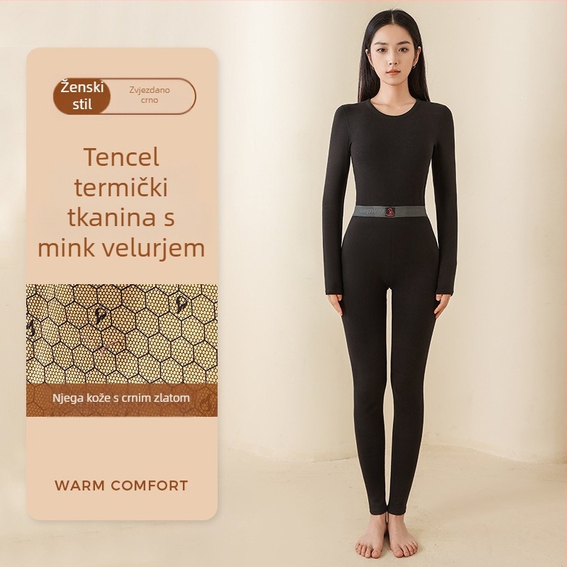 Unisex termalni set donjeg rublja, fleece podstavljena, dvostruki sloj, gornji dio s kružnim izrezom i dugi rukavi, hlače, poliester s katijonskim završnim slojem, 351–400 g/m2