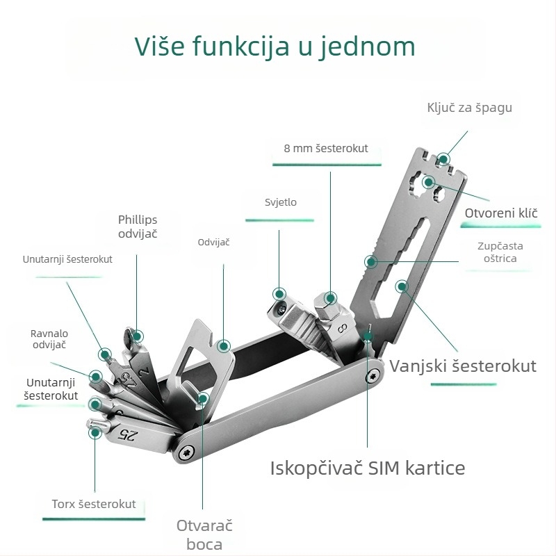 Višenamjenski alat za bicikl (Materijal: nehrđajući čelik 420 + aluminij; Set: 1; Težina: 0,191 kg; Područje primjene: alati za bicikl)