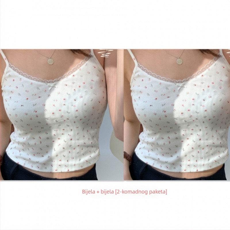 Ženski camisole s tankim trakama, mali cvjetni čipkasti rub i ugrađene jastučiće za grudi, pamukasti ljetni top uskog kroja