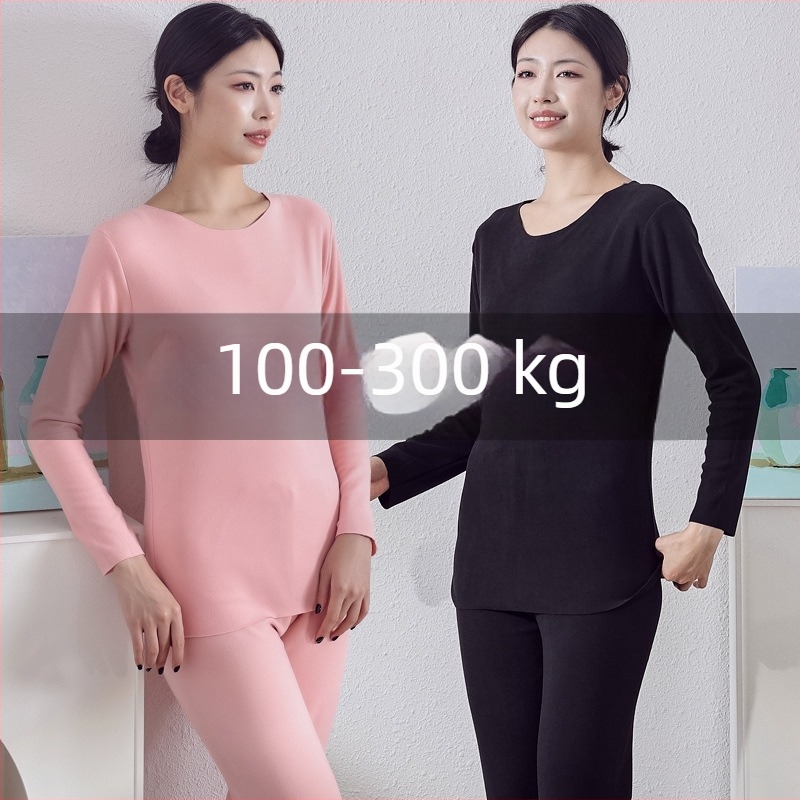 Ženski debeli baršunasti termalni komplet s dugim rukavima i dugim hlačama, jednobojan, okrugli izrez, topao za jesen-zimu